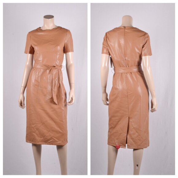 Shoshanna Rhonda Faux Leather Sheath Dress in Camel - Picture 2 of 3
